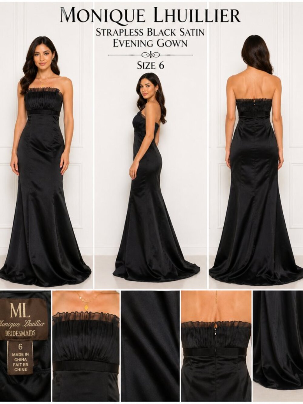 Monique Lhuillier Black Satin Strapless Gown 6